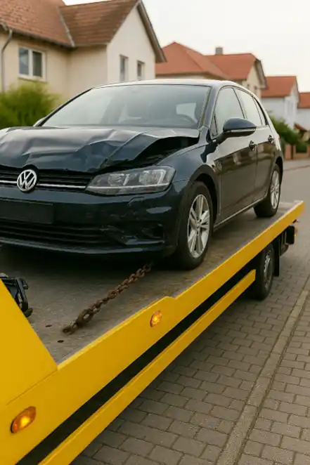 Ein defektes Auto, das für den Autoankauf in Marl abgeschleppt wird.